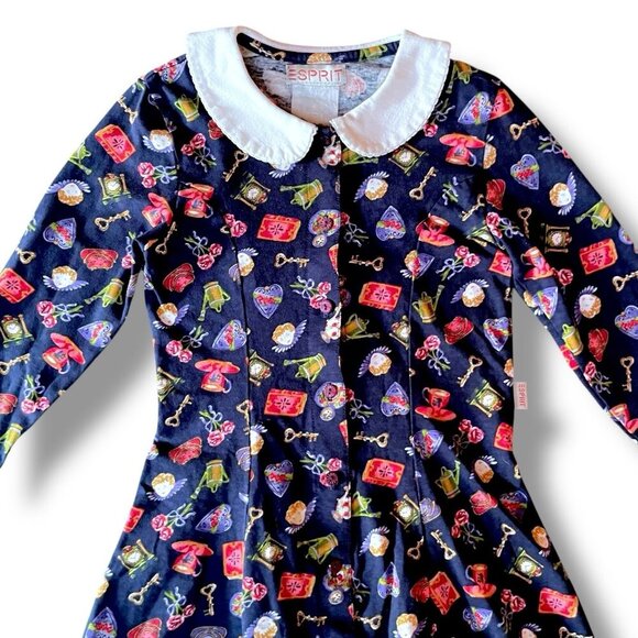 Vintage 90s Esprit Girls Dress Sz Large Navy Blue Victorian Print Skater Flare - Picture 2 of 8
